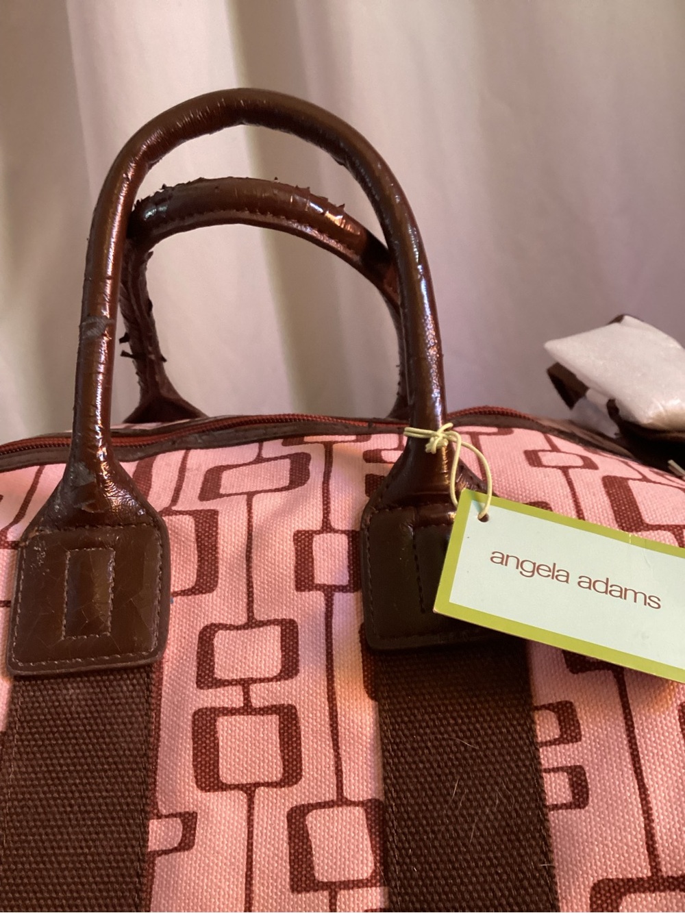 Pink Geometric Weekender Duffel Bag with Brown Trim - Picture 2 of 7